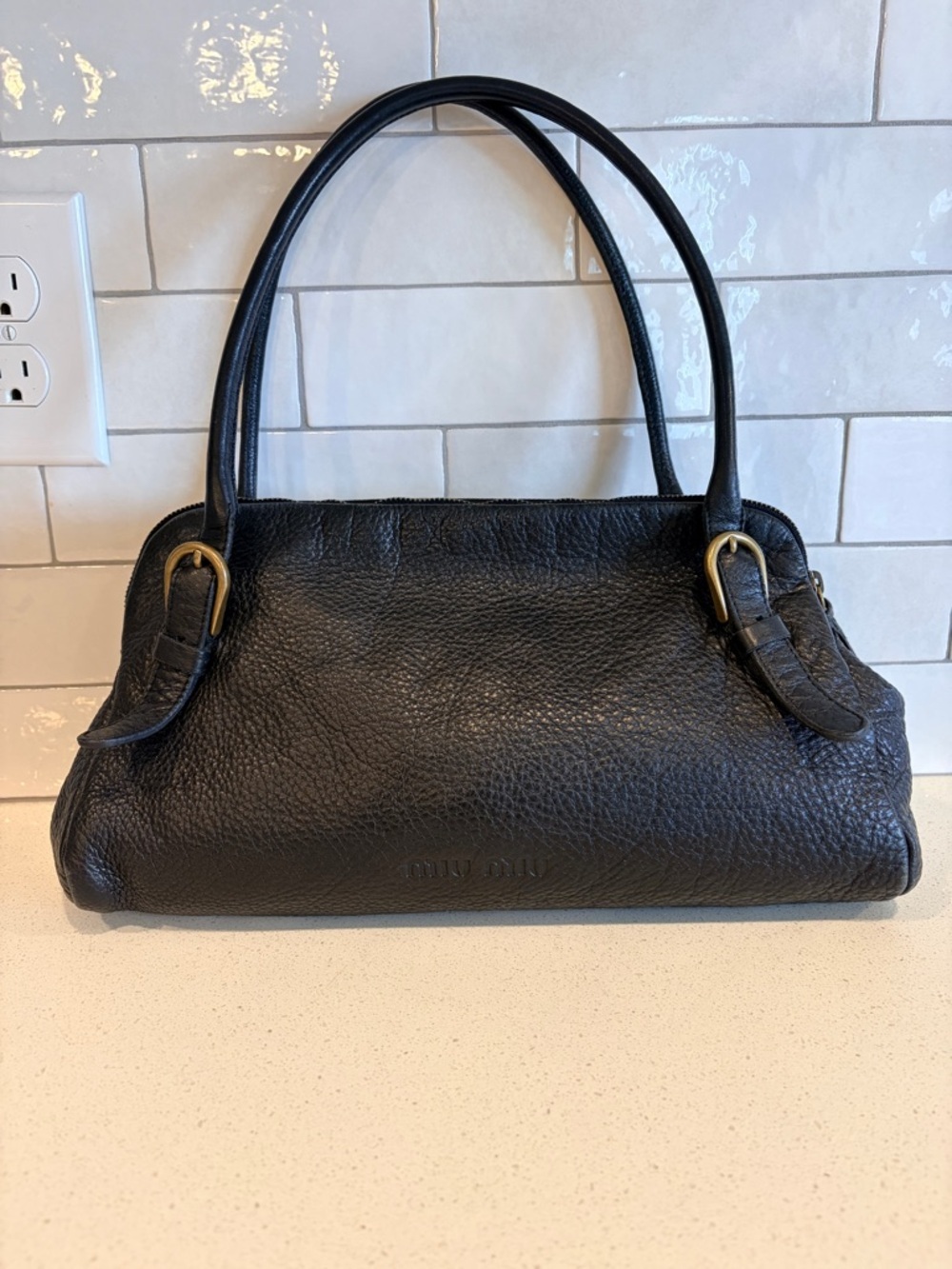 Miu Miu Vintage Black Pebbled Leather Shoulder Bag with Double Handles
